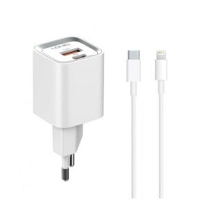 Зарядно устройство LDNIO 2-USB/USB-C с Кабел USB-C/Lightning A2318C-Бял