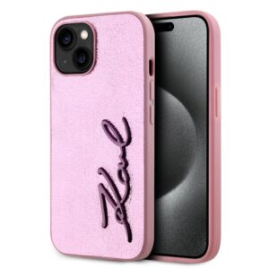 Оригинален калъф Karl Lagerfeld Wrinkled Metal signature iPhone 15-Розов