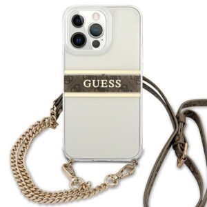 Оригинален твърд калъф Guess iPhone 13 Pro Brown Strap Gold Chain-Прозрачен