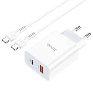 Комплект Универсален Адаптер HOCO 20W USB-C+USB PD-20W с кабел USB-C– Бял