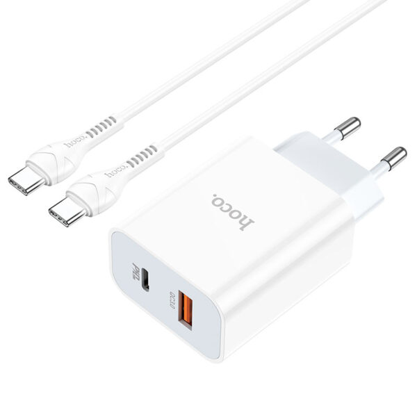 Комплект Универсален Адаптер HOCO 20W USB-C+USB PD-20W с кабел USB-C– Бял