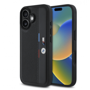 Висококачествен Калъф BMW за iPhone 16 Perforated Tricolor Detail Line -Черен